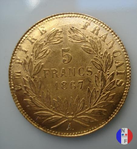 5 franchi oro - testa laureata 1867 (Parigi)