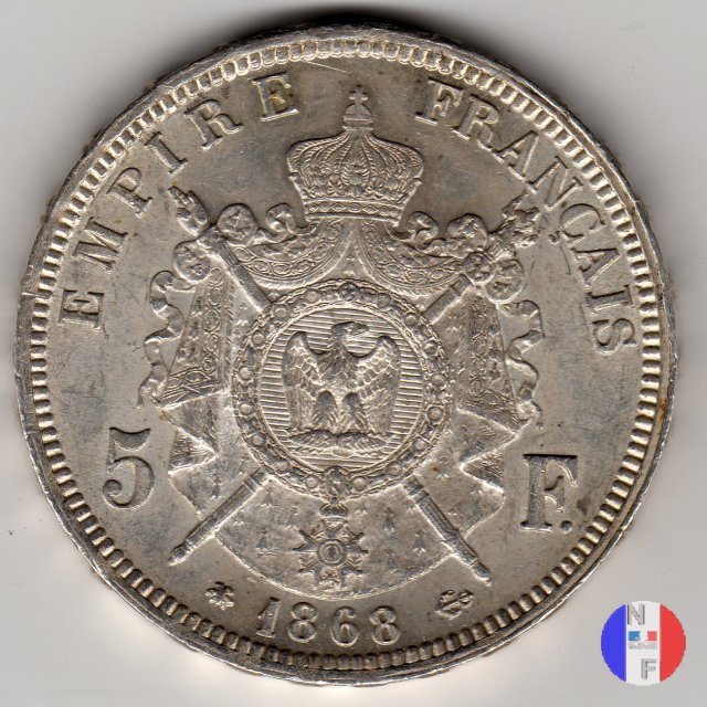 5 franchi - testa laureata 1868 (Parigi)