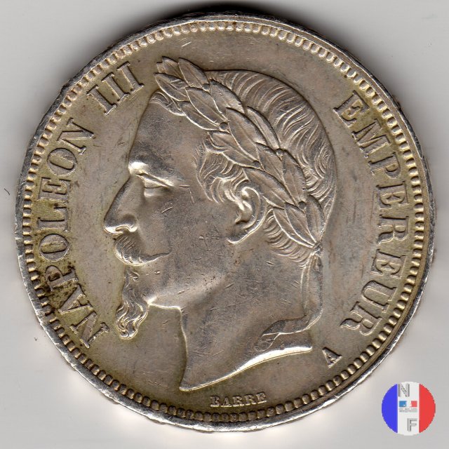 5 franchi - testa laureata 1868 (Parigi)