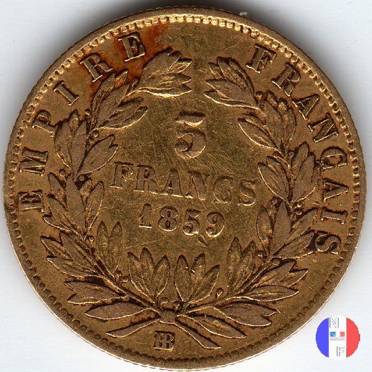 5 franchi oro - testa nuda, grande modulo 1859 (Strasburgo)