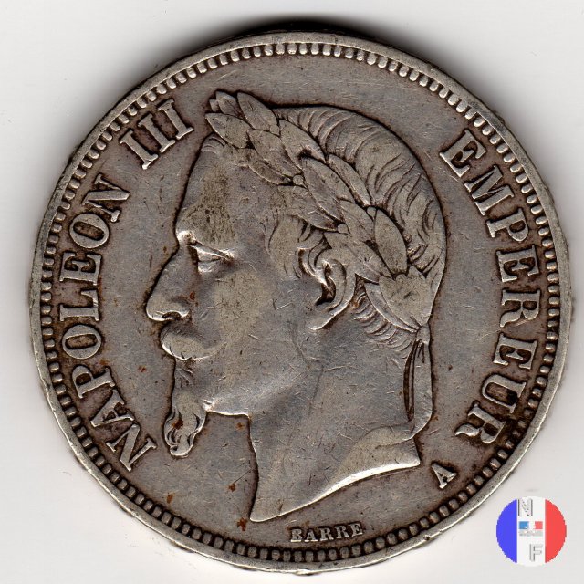 5 franchi - testa laureata 1869 (Parigi)