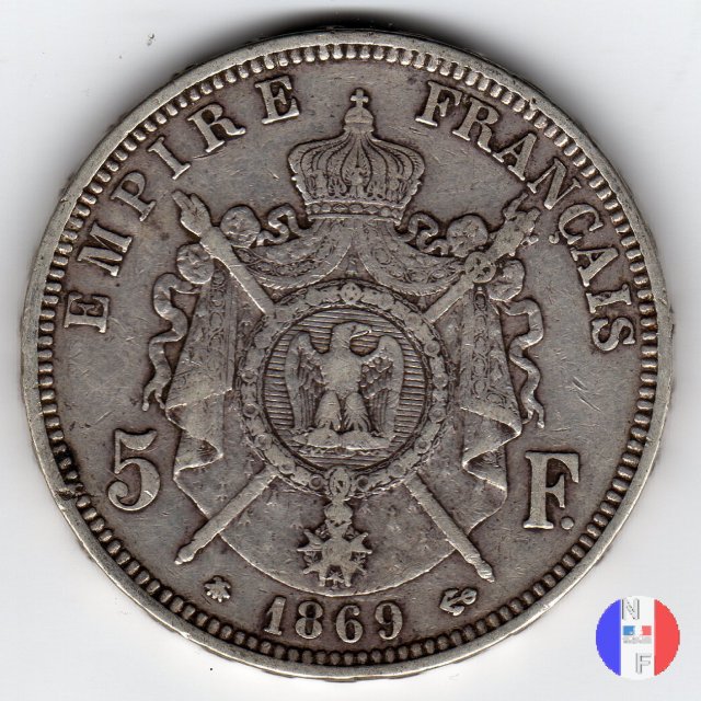 5 franchi - testa laureata 1869 (Parigi)