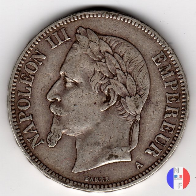 5 franchi - testa laureata 1870 (Parigi)