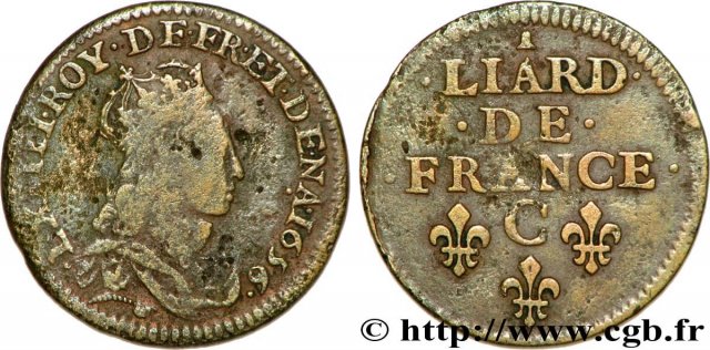 Liard di Francia al busto giovanile II tipo 1656 (Caen)