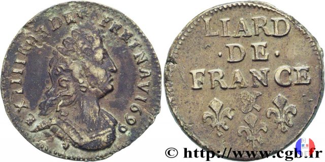 Liard di Francia busto virile III tipo (1693/98) 1698 (Aix-en-provence)