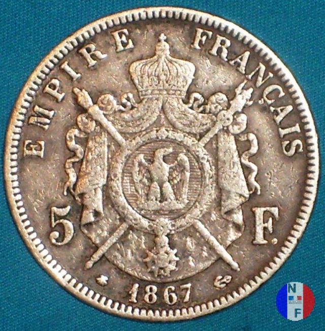 5 franchi - testa laureata 1867 (Parigi)