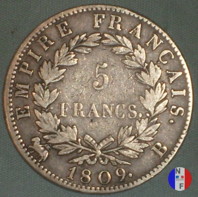 5 franchi - testa laureata, tipo Empire 1809 (Rouen)