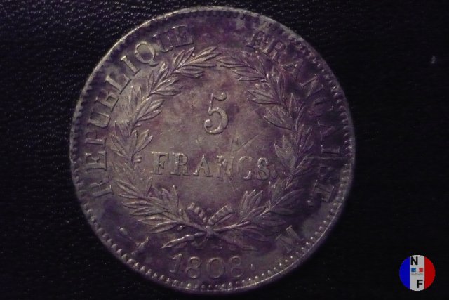 5 franchi - testa laureata, tipo Republique 1808 (Tolosa)