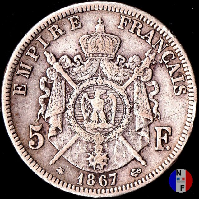 5 franchi - testa laureata 1867 (Parigi)