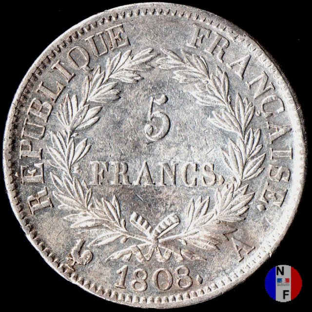 5 franchi - testa laureata, tipo Republique 1808 (Parigi)