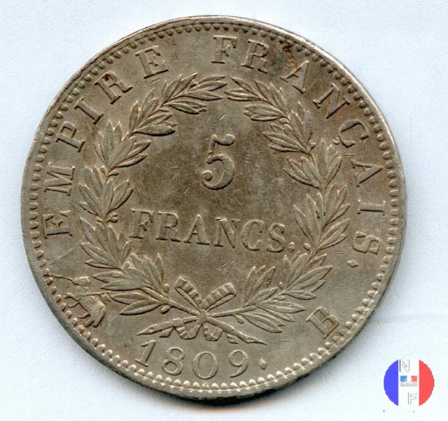 5 franchi - testa laureata, tipo Empire 1809 (Rouen)