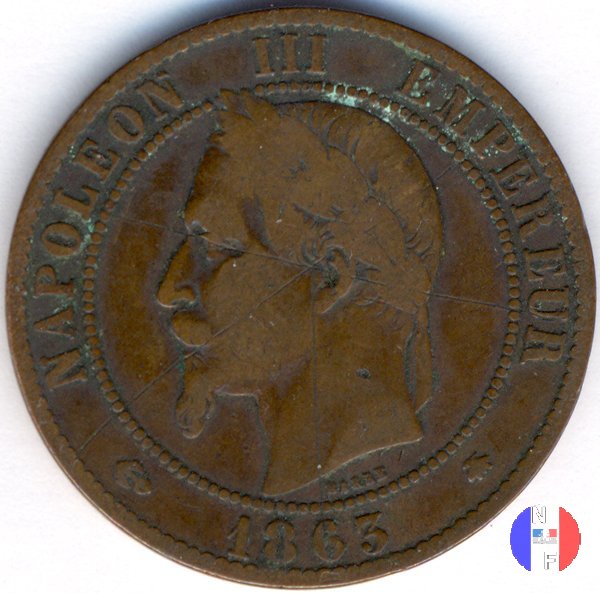 10 centesimi - testa laureata 1863 (Parigi)