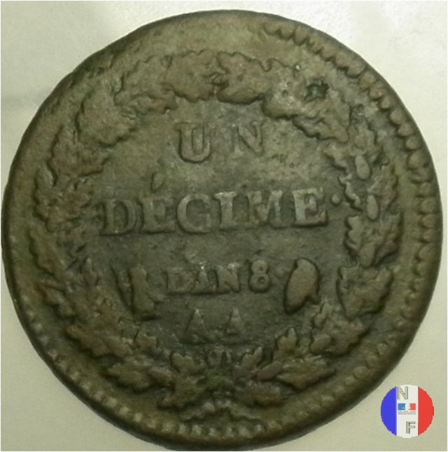 1 decimo - ribattuto su monete da 2 decimi 1799-1800 (Metz)