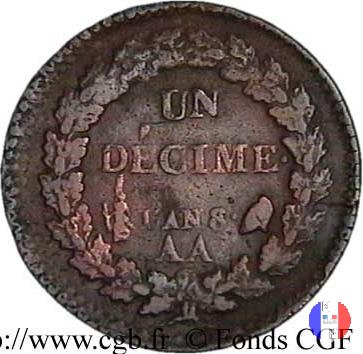 1 decimo - ribattuto su monete da 2 decimi 1799-1800 (Metz)