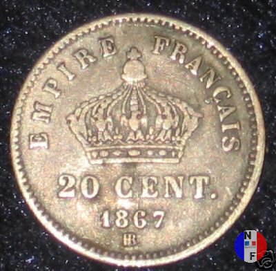 20 centesimi - testa laureata, grande modulo 1867 (Strasburgo)