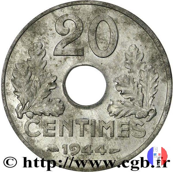 20 centesimi - tipo 20 in ferro 1944 (Parigi)