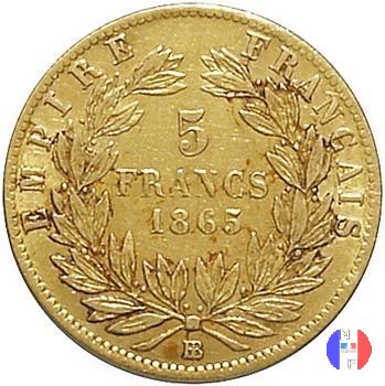 5 franchi oro - testa laureata 1865 (Strasburgo)