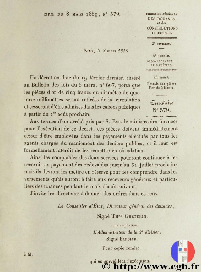 5 franchi oro - testa nuda, piccolo modulo 1854 (Parigi)