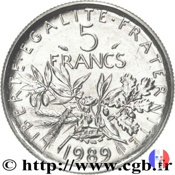 5 franchi seminatrice - cupronickel 1989 (Pessac)