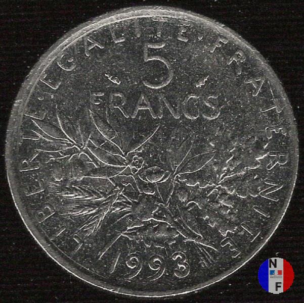 5 franchi seminatrice - cupronickel 1993 (Pessac)