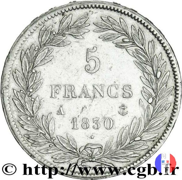 5 franchi - testa nuda, senza la I 1830 (Parigi)