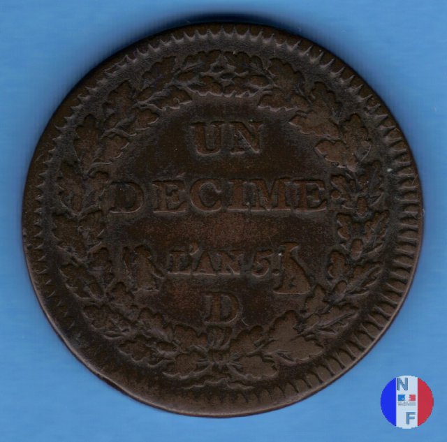 1 decimo - ribattuto su monete da 2 decimi 1796-1797 (Lione)