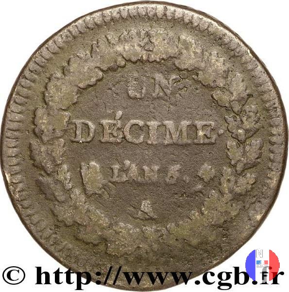 1 decimo - ribattuto su monete da 2 decimi 1796-1797 (Parigi)