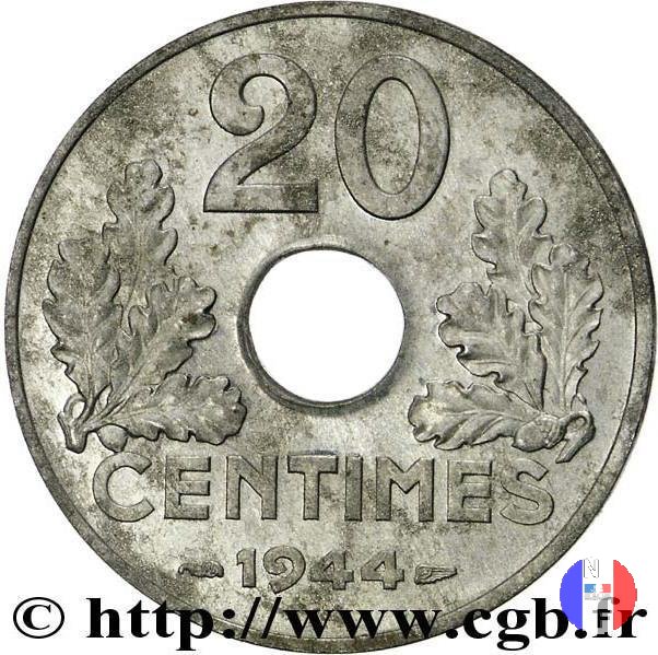 20 centesimi - tipo 20 in ferro 1944 (Parigi)